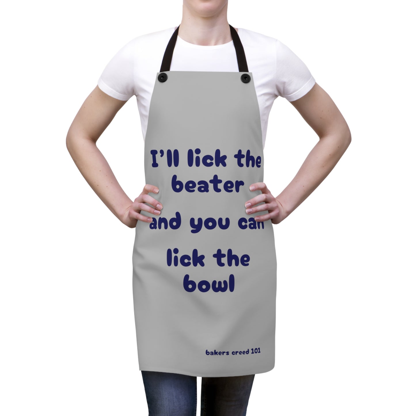 "I'll lick the beater and you can lick the bowl" (blue on light gray) Apron BB110bllg