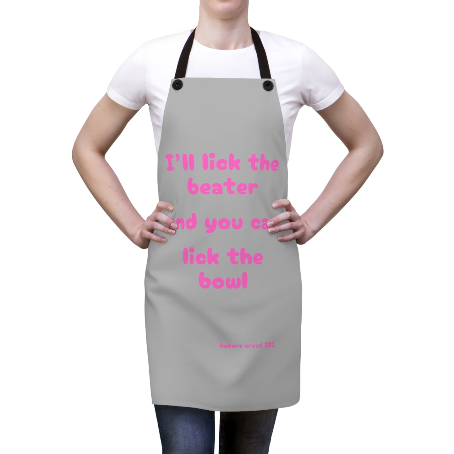 "I'll lick the beater and you can lick the bowl" (pink on light gray) Apron BB005plg