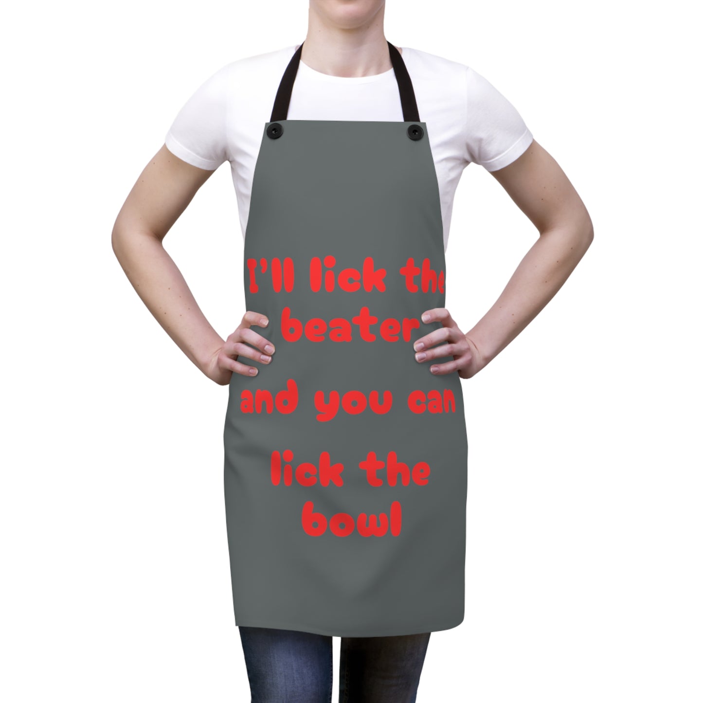 "I'll lick the beater and you can lick the bowl" (red on dark gray) Apron BB042rdg
