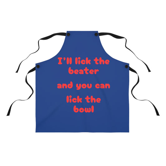 "I'll lick the beater and you can lick the bowl" (red on blue) Apron BB042rbl