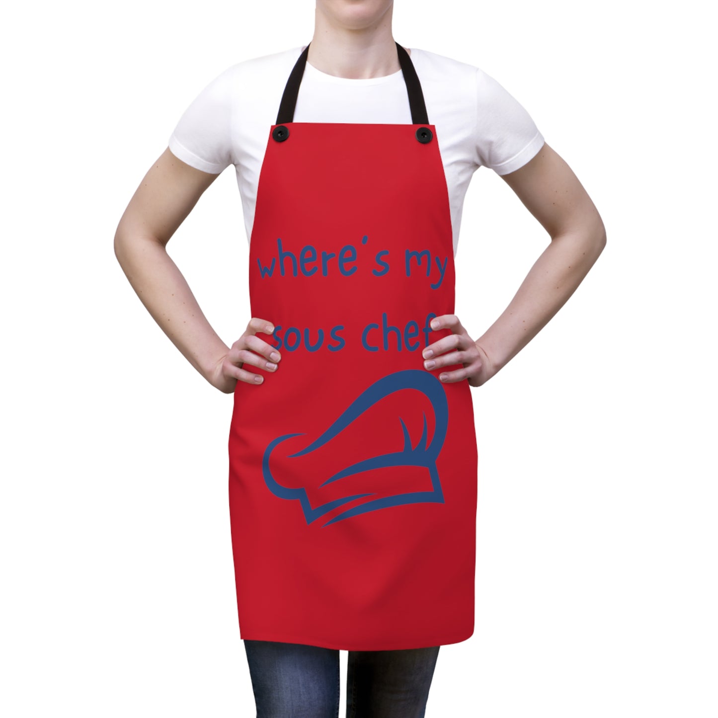 "Where's My Sous Chef" (blue on dark red) Apron SC46sbdr
