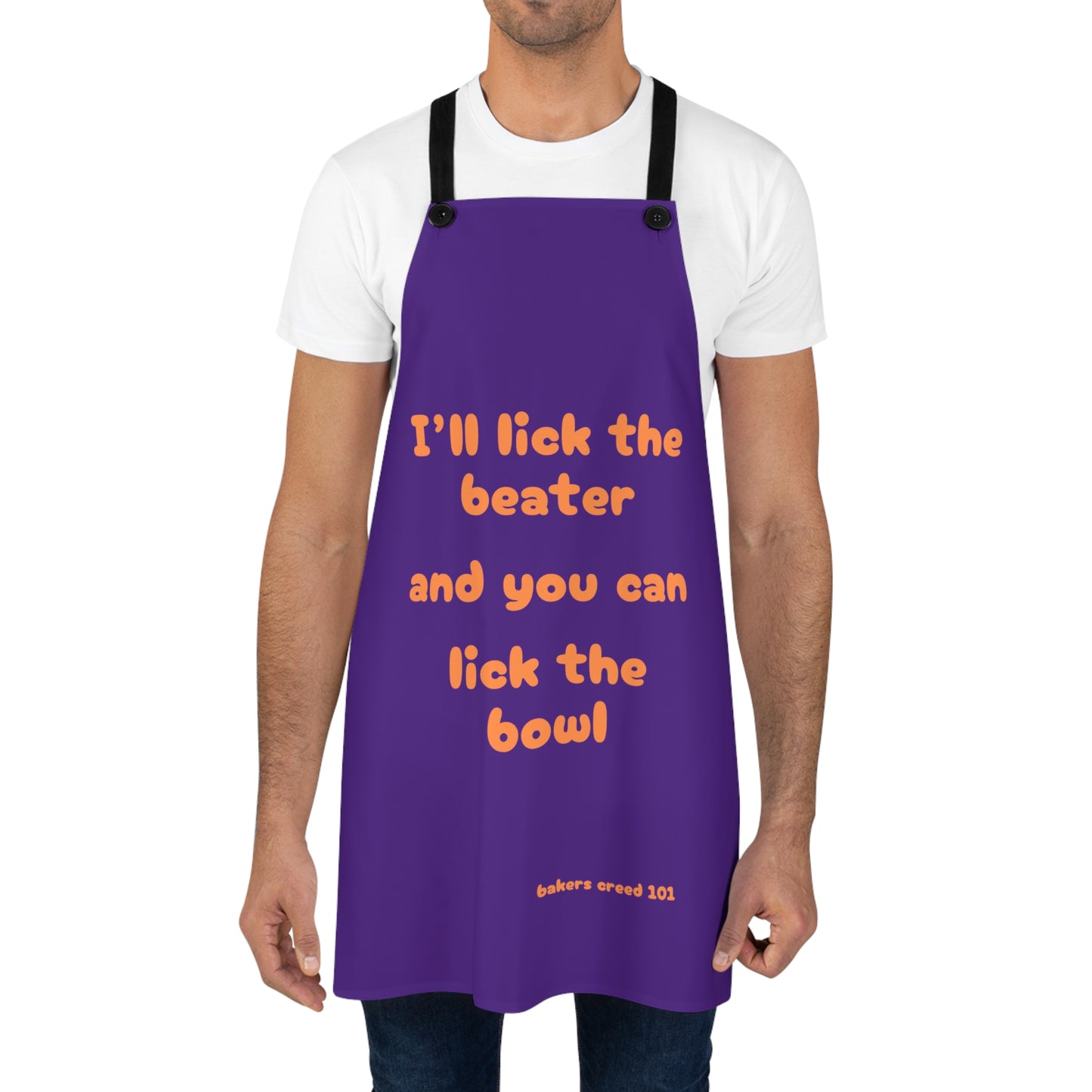 "I'll lick the beater and you can lick the bowl" (orange on purple) Apron BB003op
